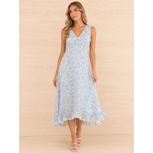 Kenneth Cole Dresses & Skirts - Kenneth Cole NY Blue Silk Floral Maxi Dress Women's Sz 12 Sleeveless Ruffle Hem